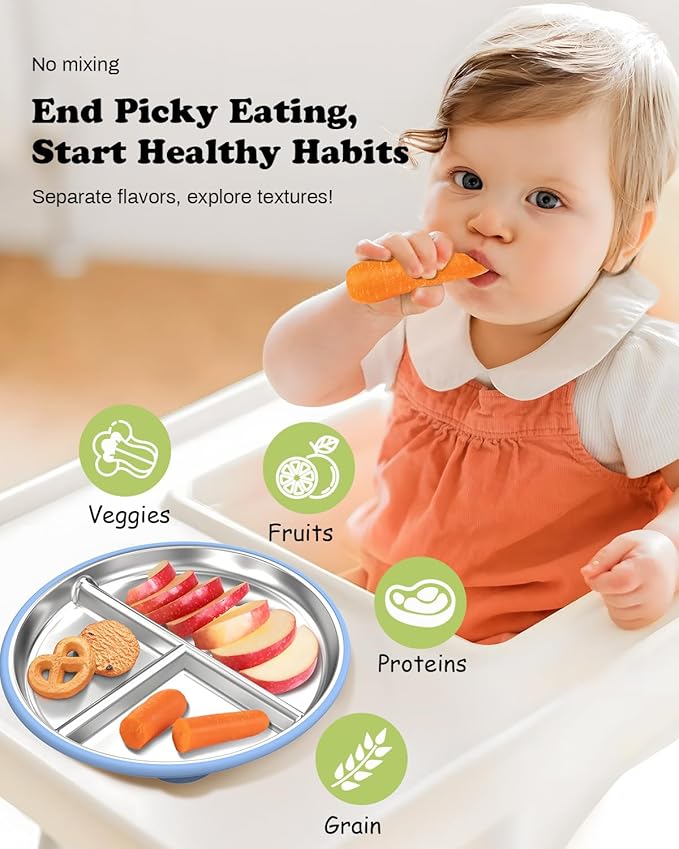 8" Stainless Steel Toddler Plates with Suction, Divided Plates with Removable Silicone Sleeves for Baby, Non Toxic & BPA Free |Unbreakable |Dishwasher Safe Dinnerware Set of 2, Blue & Gray