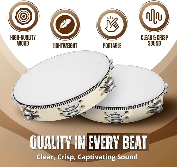 Flexzion Wood Handheld Tambourine for Adults 8-Inch Double Row 8-Pair Jingles (Wood) - Percussion Round Tamborines Musical Instrument with Metal Zills