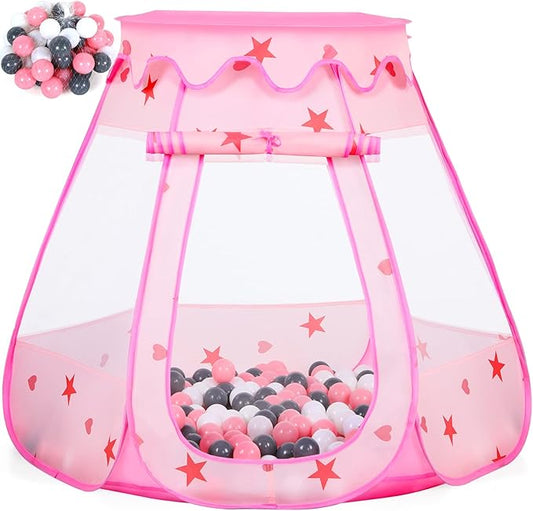 Baby Ball Pit for Toddler with 50 Balls, Kids Pop Up Play Tent for Girls, Princess Toys for Children Indoor & Outdoor Playhouse with Carry Bag (Pink: Pink/White/Gray, 109x90cm/50 Balls)