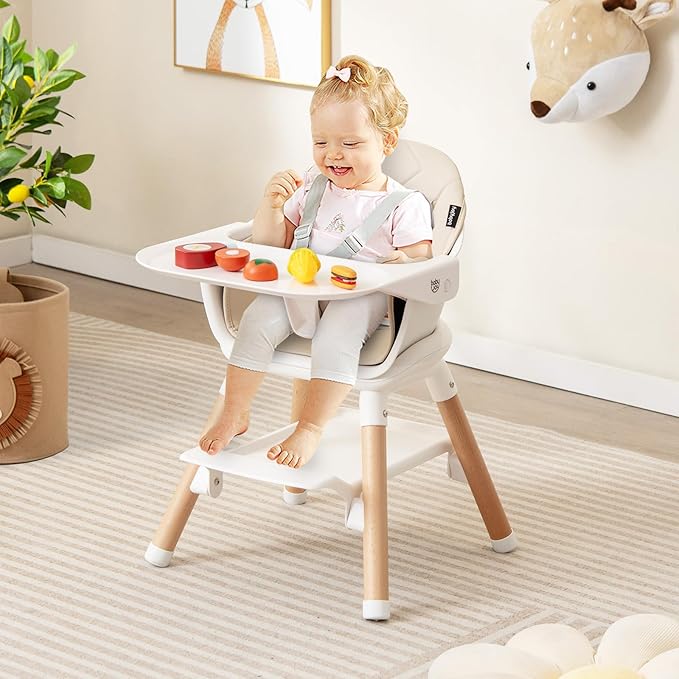 BABY JOY High Chair, 6 in 1 Convertible Wooden Highchair for Babies & Toddlers with Adjustable Legs, Double Removable Tray, Safety Harness & Waterproof PU Cushion (Beige)