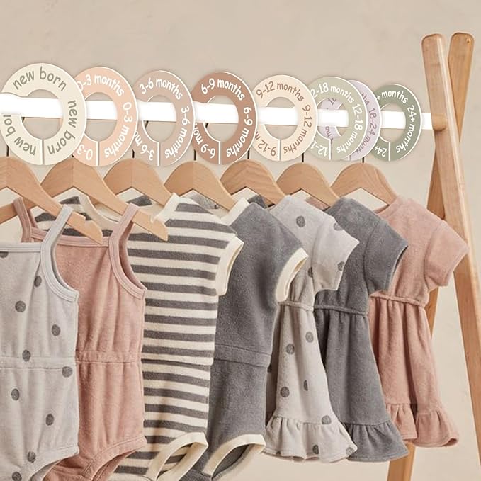 Baby Closet Dividers for Clothes – Earth Tone Round Baby Clothes Dividers for Closet Rod, Nursery Closet Organizer & Decor, Clear Labels for Easy Sorting, Fits Most Rods
