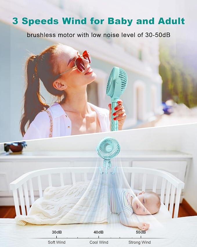 Stroller Fan Clip on for Baby, 4000mAh Rechargeable Battery Operated, Flexible Tripod, 3 Wind Speed, 360° Rotatable, Small Cooling Portable Fan for Car Seat Crib Bike Travel Beach, Blue