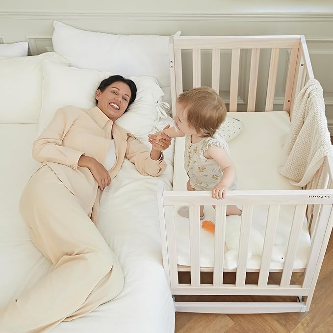 EvoNest Baby Crib, 11 in 1 Convertible Mini Crib with Wheels, 100% New Zealand Wood Growing Bed, 4 Adjustable Mattress Height,Washed Natural