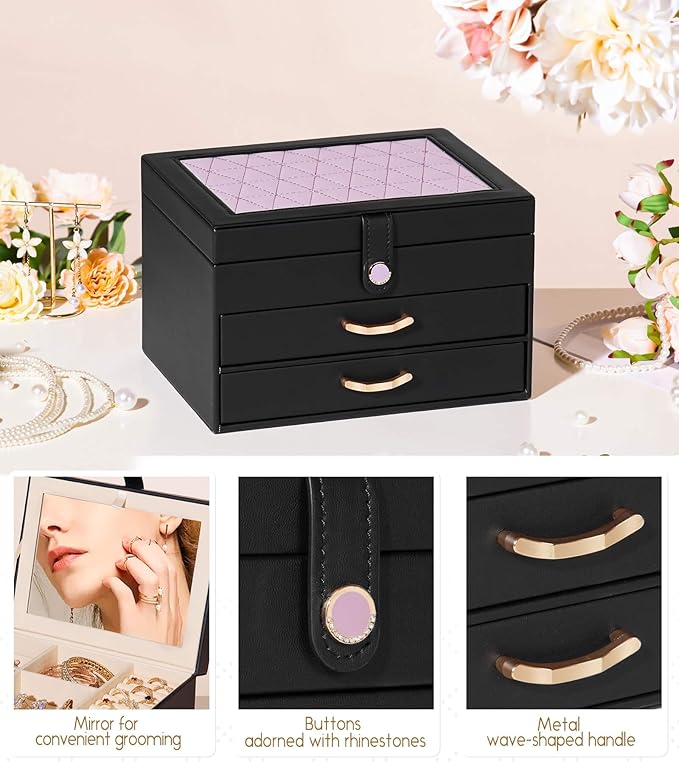 Black Jewelry Box Organizer: Home Decor for Women - 2-Drawer Holder for Valentine’s Day Birthday Christmas Black Grey-Purple