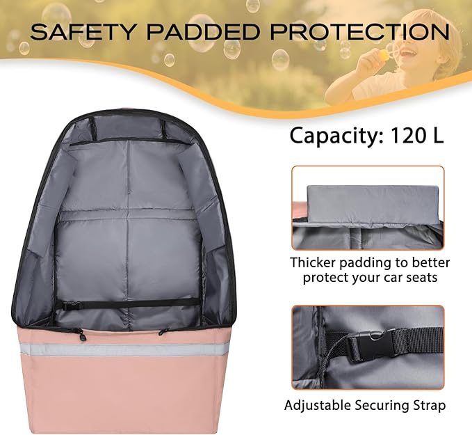 Car Seat Travel Bag for Airplane,Infant Seat Travel Bag with Shoulder Strap,Padded Car Seats Backpack with Reflective Stripes,Large Carseat Carrier Bag Travel Car Seat Cover,Flesh Pink