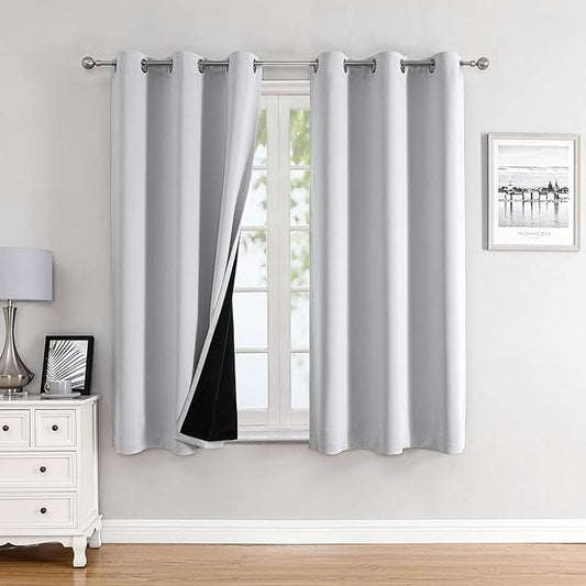ChrisDowa 100% Blackout Curtains for Bedroom with Black Liner, 2 Thick Layers Total Blackout Thermal Insulated Grommet Small Window Curtains 2 Panels Set (Greyish White, 42 x 54 Inch)