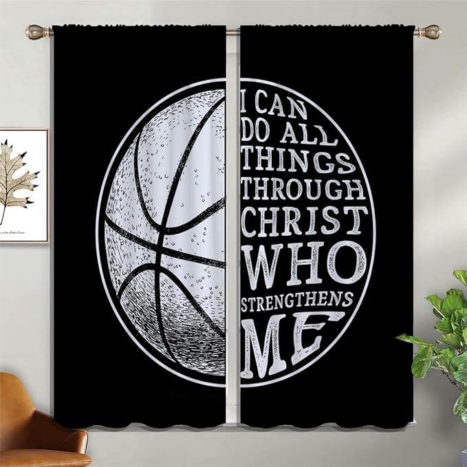 Basketball Blackout Curtains for Boy Girl Room Darkening Decor,Sport Theme and White Motto Dark Background Bedroom Living Room Home Rod Pocket Thermal Insulated Window Curtain/Drapes Panel,84x63 Inch…