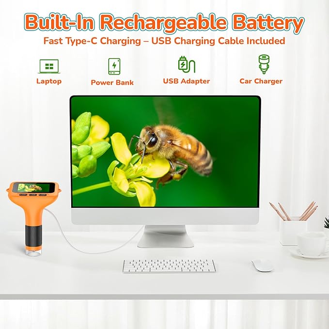 3" Screen Digital Microscope for Kids: 1000X Rechargeable Mini Pocket Portable Miniscope Magnifying Glass 4K Coin Jewelry Loupe Edu Science STEM Toy Xmas Gift 4-12 Boys Girls