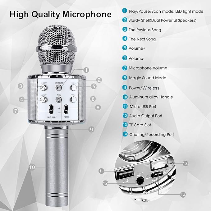 BlueFire 4 in 1 Karaoke Wireless Microphone with LED Lights, Portable Microphone for Kids, Great Gifts Toys for Kids, Girls, Boys and Adults (Silver)