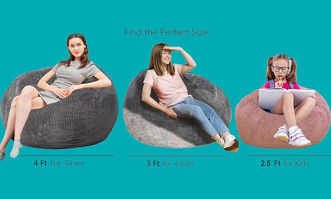 Bean Bag Chairs with Faux Rabbit Fur Cover, 3 ft Giant Memory Foam Bean Bag Chairs for Adults/Teens with Filling,Ultra Soft Faux Fur Fabric, Round Sofa for Living Room Bedroom College Dorm
