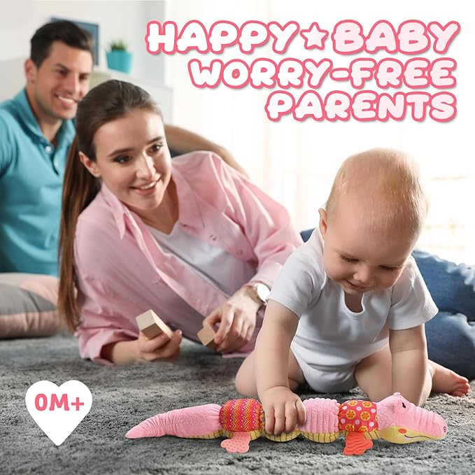 Baby Toys 0 to 12 Months, Musical Stuffed Animal Activity Soft Toys with Multi-Sensory Crinkle, Rattle and Textures,Infant Tummy Time Toys for Newborn Boys Girls, Crocodile, Pink