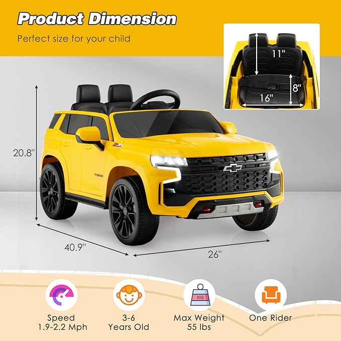 Costzon Ride on Car, 12V Licensed Chevrolet Tahoe Battery Powered Electric Vehicle w/ 2.4G Remote Control, High/Low Speed, Music, Lights, MP3/USB/FM, Spring Suspension, Electric SUV for Kids (Yellow)