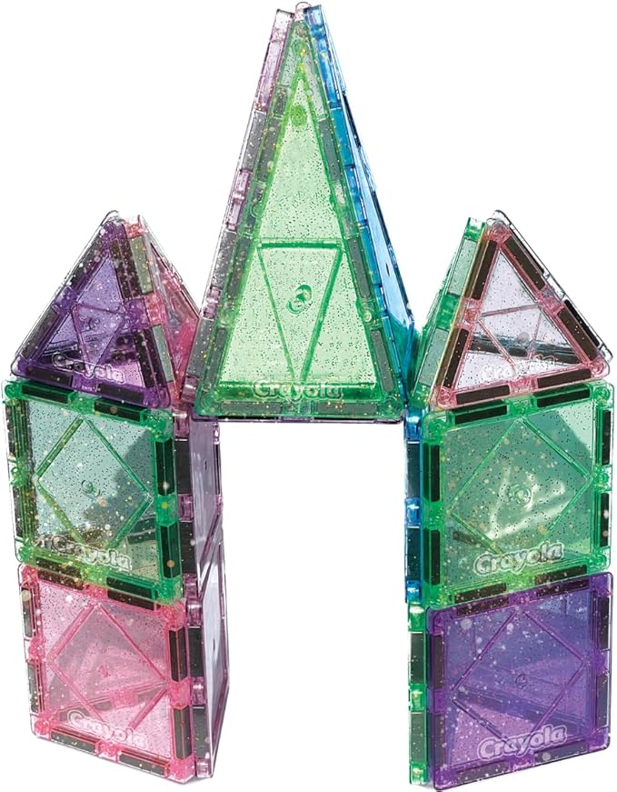 CreateOn Crayola Glitter Magnetic Tiles, Building Set for Kids, Magnetic Tiles, Kids’ Building Toys, STEM & Montessori Toys for Boys and Girls Ages 3+, 24-Piece Set (Glitter)