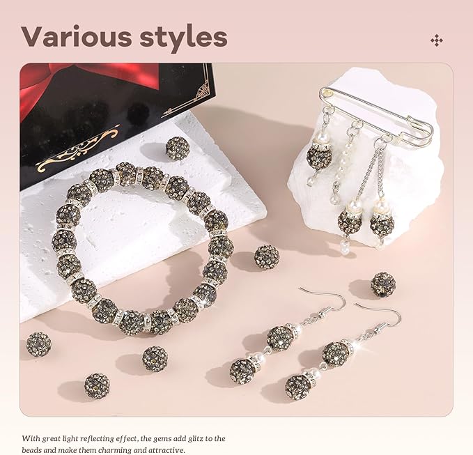 105pcs 10mm Rhinestone Beads for Jewelry Making, Gray Shiny Round Disco Ball Beads Bulk, Sparkle Crystal Clay Christmas for Bracelet Baseball Necklace Earring Crafting and DIY