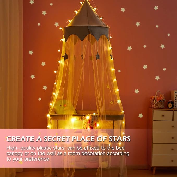 Canopy for Kids Bed with Stars, Crib Canopy with Dome, Elegant Net Hanging Fairy Girl Bed Canopy Princess Room Decoration Reading Nook Corner Curtain Fits Full Crib, Twin, Queen Play Castle Tent