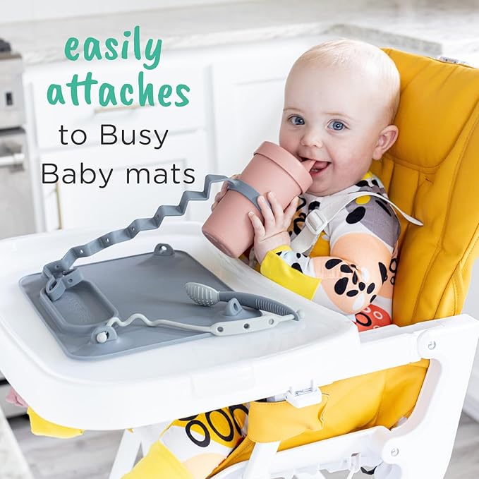 Busy Baby Bottle Bungee - Sippy Cup Strap - Keeps Bottles and Sippy Cups Off The Floor - Food Grade Silicone - Dishwasher Safe (Tan)