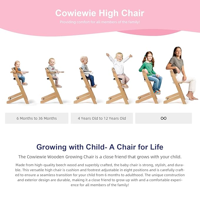 Cowiewie Natural Wooden High Chair for Babies & Toddlers 3-Tier Remove & 2 Adjustable Tray, 8 Adjustable Highchair with Cushions, Easy to Clean (Black)