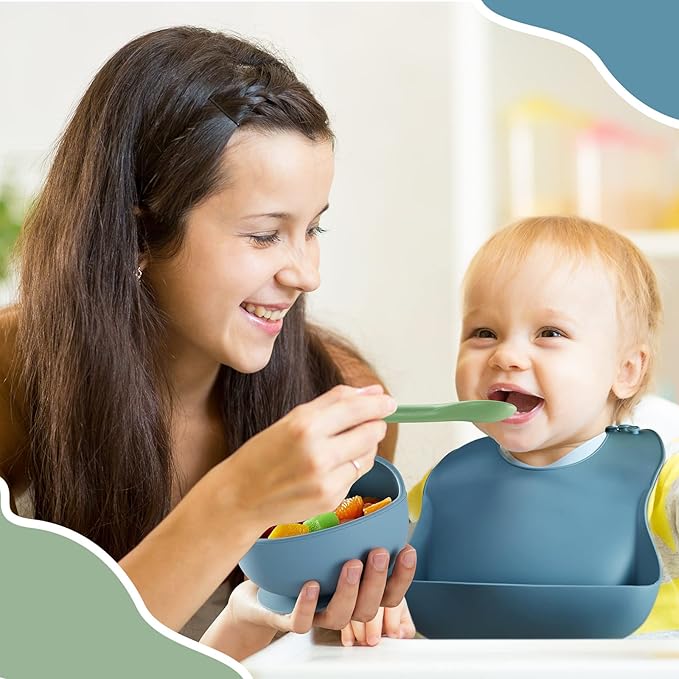 10 Pack Silicone Baby Feeding Set, Toddlers Led Weaning Feeding Supplies with Suction Baby Bowl Divided Plate Adjustable Bib Soft Silicone Spoon Fork, Infant Self Eating Utensil Set (Blue, Green)