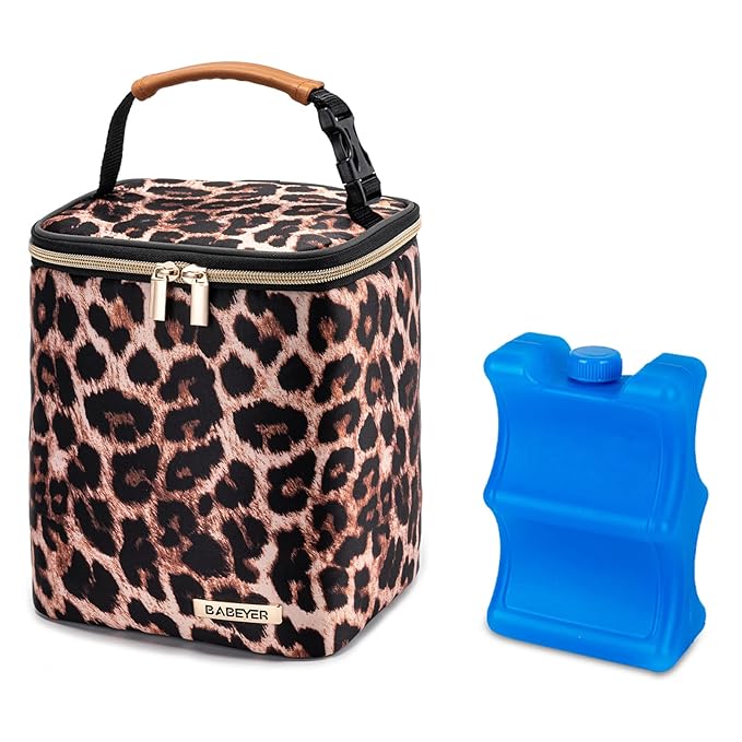 BreastMilk Cooler Bag with Ice Pack Fits 4 Baby Bottles Up to 9 Ounce, Baby Bottle Bag for Nursing Mom Daycare-Leopard Print