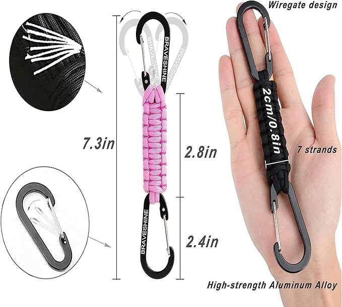 BRAVESHINE Paracord Keychain Carabiner Clip, D Ring Lanyard Hanger Stroller Hook for Water Bottle, Key, Backpacks, Men, Women