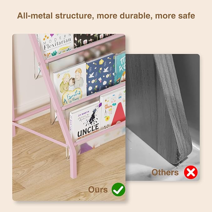 High-Transparent 4 Tier Kids Bookshelf, Sturdy Metal Large Size Book Rack Storage for Kids - Toddler Book Shelf Display for Nurasery, Playroom or Kids Room, Bookshelf Hold More Books - Pink