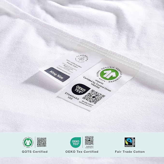 Fabdreams King Organic Cotton Mattress Protector, Waterproof, 78x82+17in, GOTS Certified, Temperature Regulating, Breathable, White