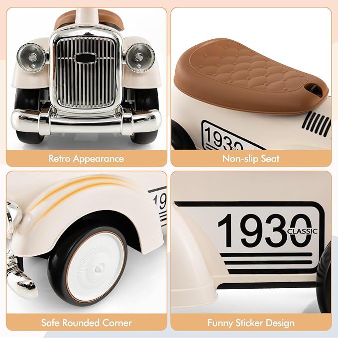 HONEY JOY Ride On Push Car, Outdoor Toddler Riding Toys w/Steering Wheel, Horn & Storage, Foot-to-Floor Sliding Car, No Batteries, Retro Baby Ride On Toys for Boys and Girls (White)