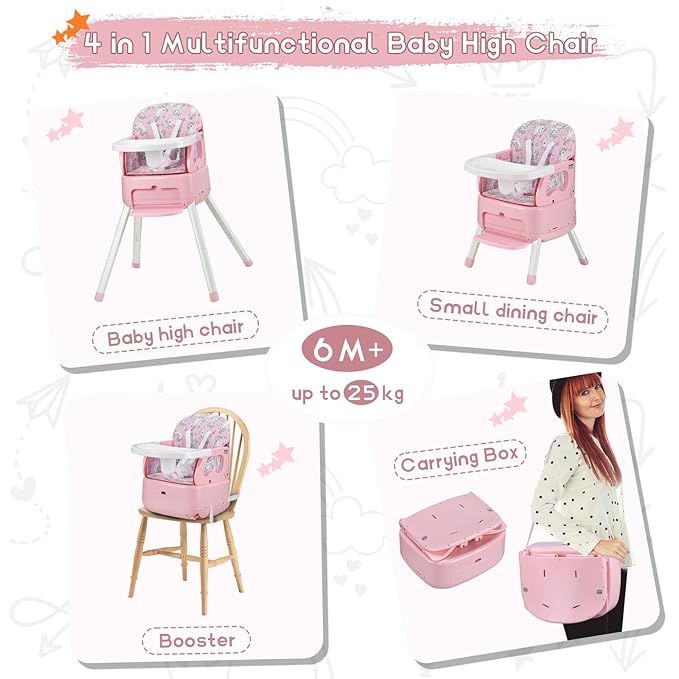 4 in 1 Portable Baby High Chair,Convertible Highchair for Babies & Toddlers-Foldable Infant Booster Seat,Carry Small Box,Dining Chair,Toddler High Chair with 5-Point Harness,Removable Tray-Pink