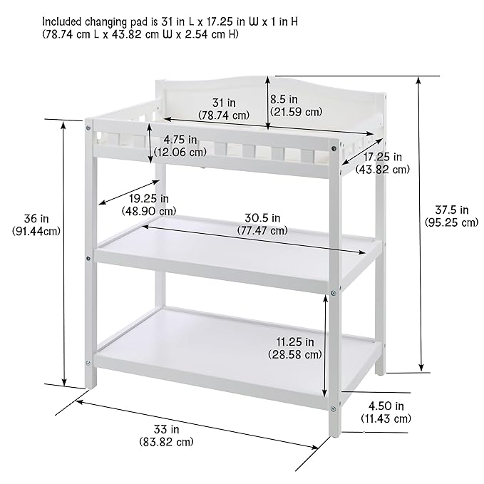 Badger Basket Baby Changing Table with Pad & Shelves - Wooden Changing Table with Storage - Nursery Change Table for Diapers & Baby Essentials, White