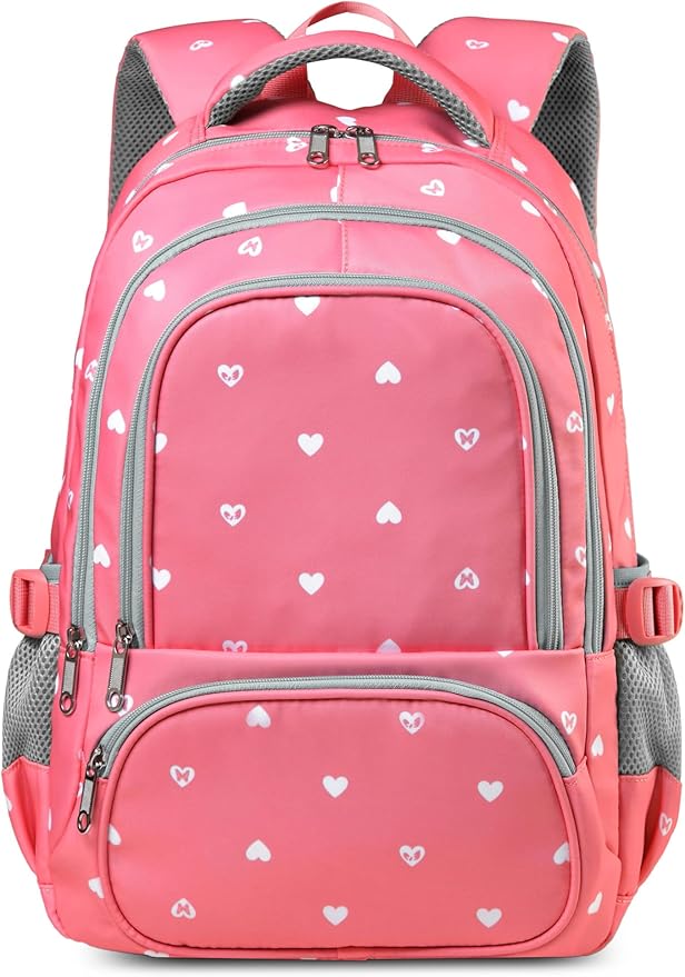 BLUEFAIRY Lightweight Water Resistant Backpack for Girls, Pink, 5-9 Years, Laptop Compartment, Adjustable Shoulder Straps, Breathable Mesh