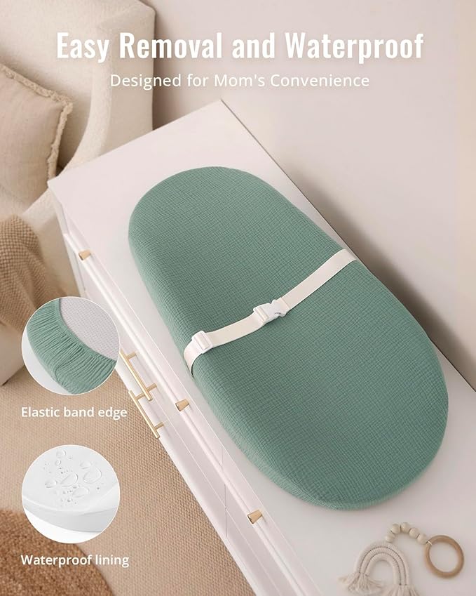 Blissful Diary Muslin Baby Changing Pad with Waterproof Lining Foam, Diaper Changing Table Pad with Cover for Dressers (Roman Green, Avocado)