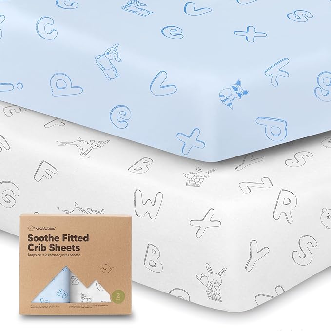 KeaBabies 2-Pack Organic Crib Sheets for Boys, Girls - 52x28 Fitted Crib Mattress Sheet Neutral, Breathable Jersey Cotton Cover for Baby Bed, Toddler Mattress, Soft & Cute Prints (ABC Land Sky)
