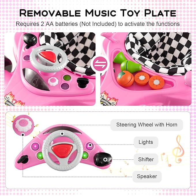 HONEY JOY Baby Walker, 4-in-1 Foldable Infant Activity Push Walker, Toddler Car Walker w/Adjustable Heights, Music, Lights, Removable Tray, Baby Walker with Wheels for Boys Girls 7-14 Months (Pink)