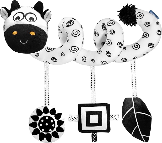 Car Seat Toys for Babies 0-6 Months,Hanging Rattle Toys for Crib Mobile, Baby Spiral Hanging Stroller Black and White High Contrast Toys for Newborn 0 3 6 9 12 Months Baby Boys Girls (Cow)