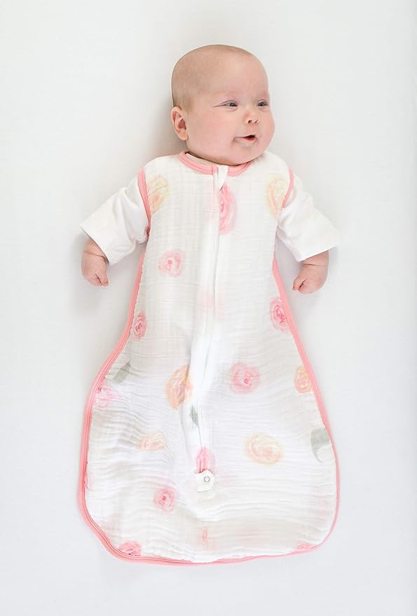 Amazing Baby Cotton Muslin Sleeping Sack, For Baby Girl, Wearable Blanket with 2-way Zipper, Watercolor Roses, Pink, Small (0-6 Month)
