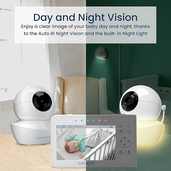 Babysense Baby Monitor with 2 Cameras and Audio 4.3", Non Wifi Baby Monitor, Dual Split Screen, Portable Double Sleep Video Monitoring, Auto Night Vision & Light, Lullabies & White Noise Two-Way Audio