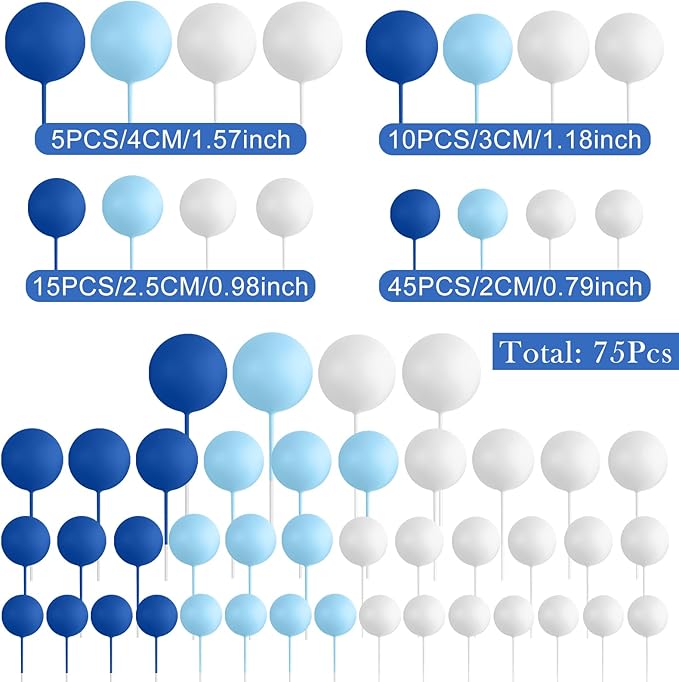 75 Pieces Cake Balls Topper Decorations Foam Cupcake Topper Mini Balloon Cake Topper Balls Cake Picks for Cake Deco Birthday Party Wedding（Royal Blue, Light Blue, White）