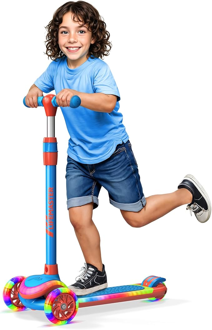 3-Wheel Kids Scooter with Multi-Color Lights on Deck & Wheels – 5-Height Adjustable Handlebar, Wide Anti-Slip Deck, Child Safety Certified, Boys & Girls Ages 3+ Supports Up to 150 lbs