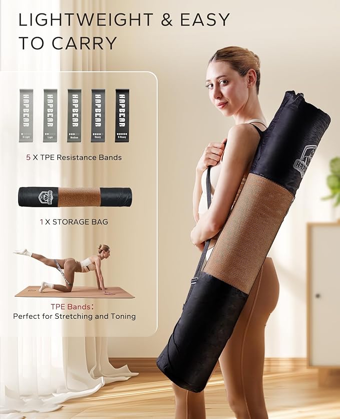 HAPBEAR Large Cork Yoga Mat - 72"x36" Wide Non-Slip for Home Workout, Yoga, Pilates & Stretching - 6mm Cushioned Support - Eco-Friendly & Durable - Bonus Resistance Bands & Carry Bag Included