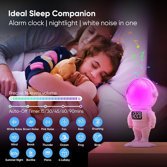 Astronaut Sunrise Alarm Clock for Kids, White Noise Sound Machine with 30 Soothing Sounds, 22 Dimmable Nightlights, Bluetooth Speaker, Dual Digital Alarm Clocks, Wake Up Light for Bedroom, Adults