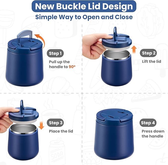 20oz Insulated Vacuum Food Jar with Buckle Lid,Soup Thermo for Hot Food Kids,Wide Mouth Leakproof Stainless Steel Lunch Container with Spoon-Blue