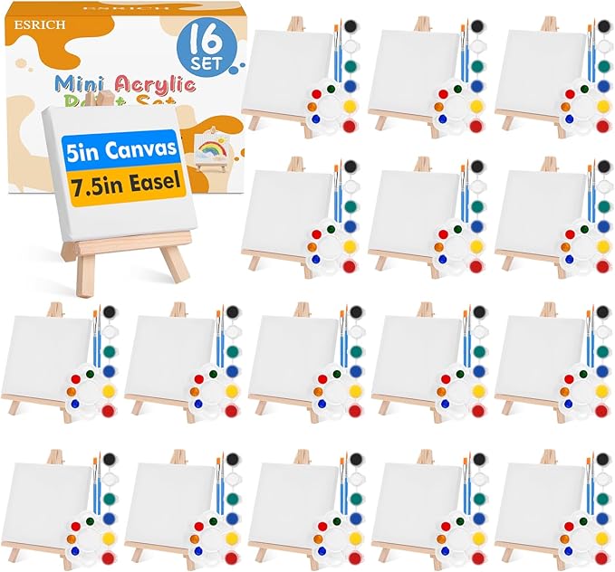 ESRICH 16 Set Mini Acrylic Paint Kit,5in Mini Stretched Canvas with 7.5in Easel,Acrylic Paint Strips,Paint Palettes,Painting Brushes, Small Canvas and Easel Set for Kids Artists Beginner,Gift