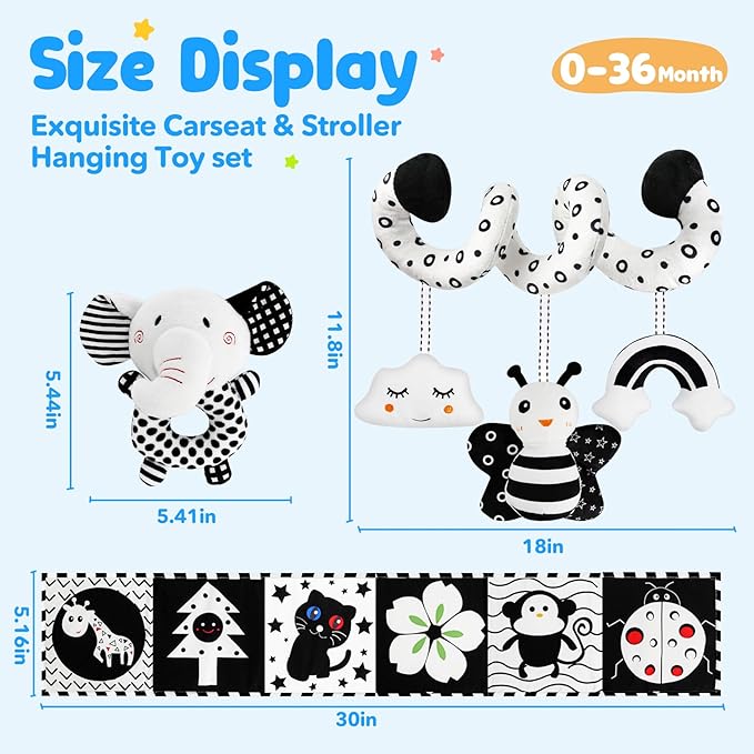 Car Seat Toys for Babies 0-6 Months,Hanging Rattle Toys for Crib Mobile, Baby Spiral Hanging Stroller Black and White High Contrast Toys for Newborn 0 3 6 9 12 Months Baby Boys Girls (Set-1)