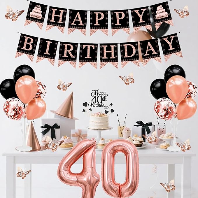 40th Birthday Decorations for Women - 56pcs Rose Gold Happy 40th Banner, 40th Birthday Crown Sash, Cake Topper, Number 40 balloons, 3D Butterflies, 4 Balloon Stands kits