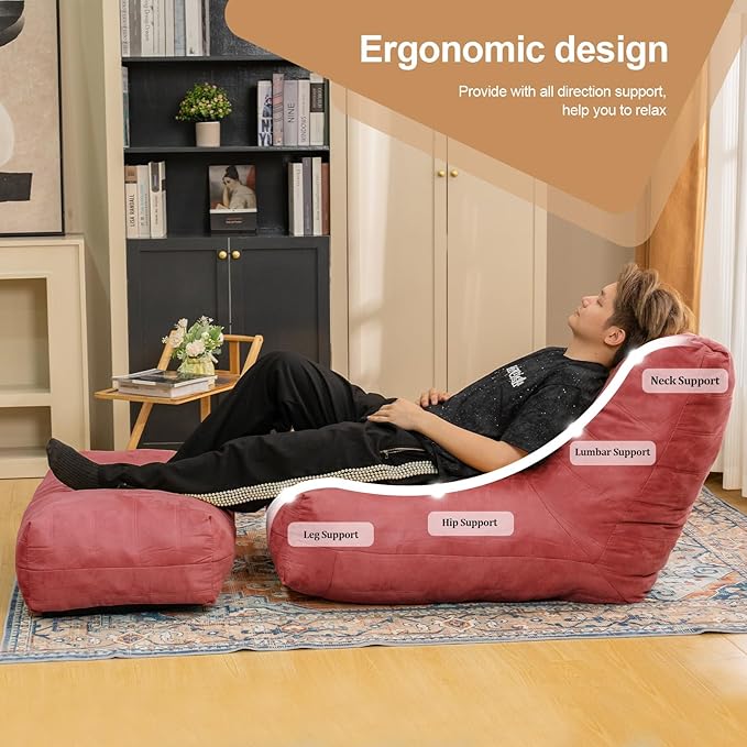 Bean Bag Chair with Ottoman, Comfy Bean Bag Sofa with Memory Foam, Lazy BeanBag Sofa with Footstool, Fireside Bean Bag Couch for Living Room, Bedroom, Apartment