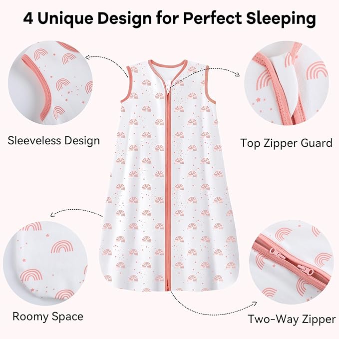 Baby Sleep Sack 6-12 Months 3 Pack 100% Cotton Lightweight 0.5 TOG Wearable Blanket Baby Sleep Bag with 2-Way Zipper for Newborn Infant Toddler Pink
