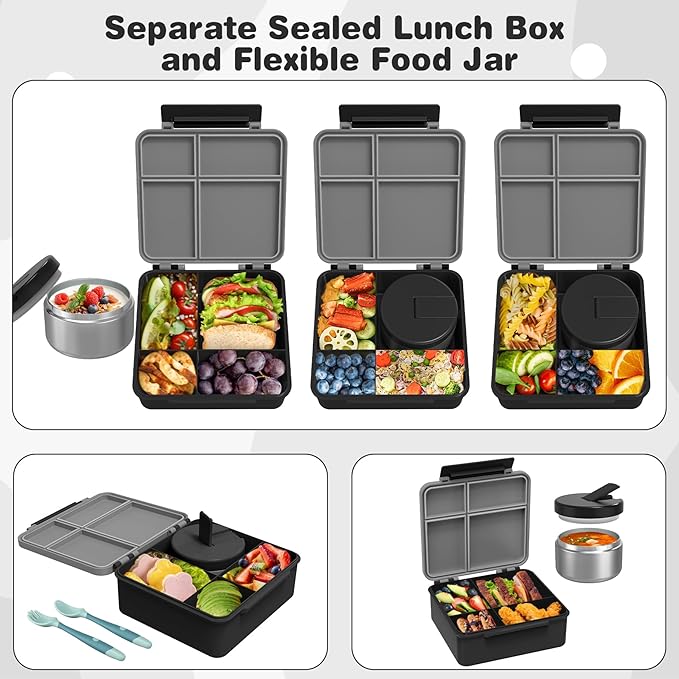 Bento Lunch Box with 8oz Soup Thermo, Kids Leakproof Lunch Food Containers with 4 Compartment, Kids Thermo Insulated Hot Food Jar for School, Trvael (Grey)