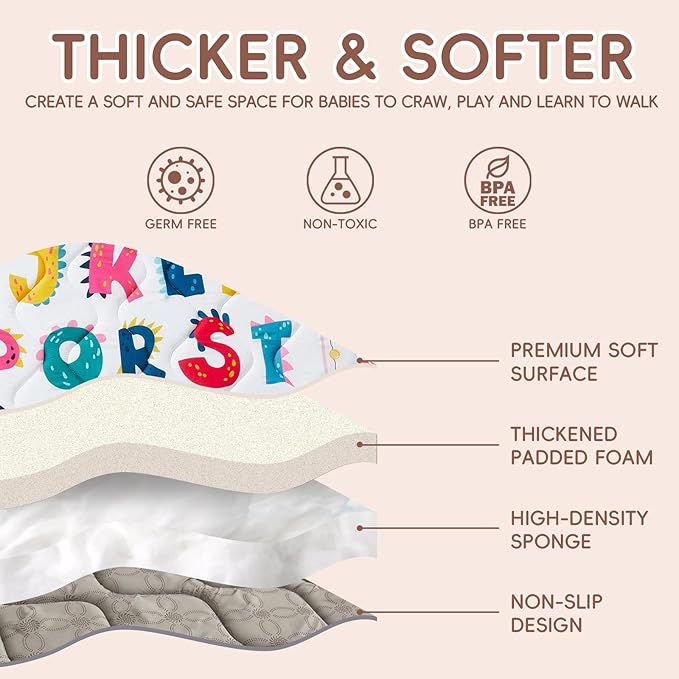 Baby Play Mat - Thicken 50x50 Inch Soft Foam Crawling Mat for Playpen & Floor, Non-Slip Waterproof Playmats for Infants & Toddlers, Portable Foldable & Machine Washable, Dinosaur & Letters