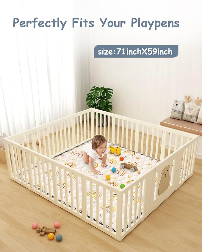 Boho Rainbow Baby Play Mat 71" X 59" Playpen Mat Thicken One-Piece Crawling Mat Non-Slip Cushioned Baby Floor Mat Letter Playmats for Babies Toddlers Infants Tummy Time Activity (71X59,Beige)