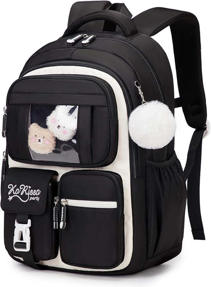 Kids Backpack for Girls - School Bags for Middle School Students - Book Bag for Elementary Primary - Kawaii Ita Backpack - Black and Beige